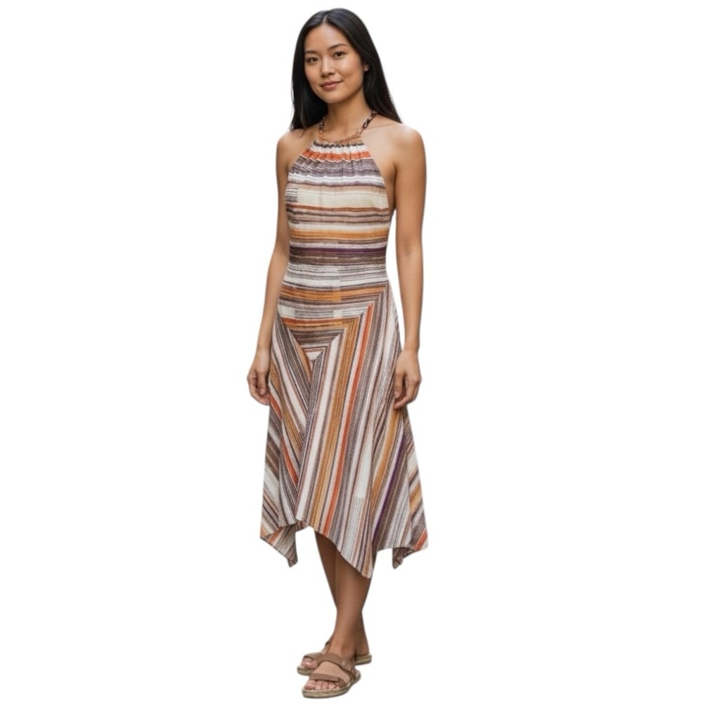 MaxMara Striped Halter Midi Dress in Cream, Brown, Orange, Purple